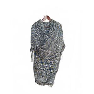Blue & Gold Cozy Oversized Wrap With Fringe - One Size